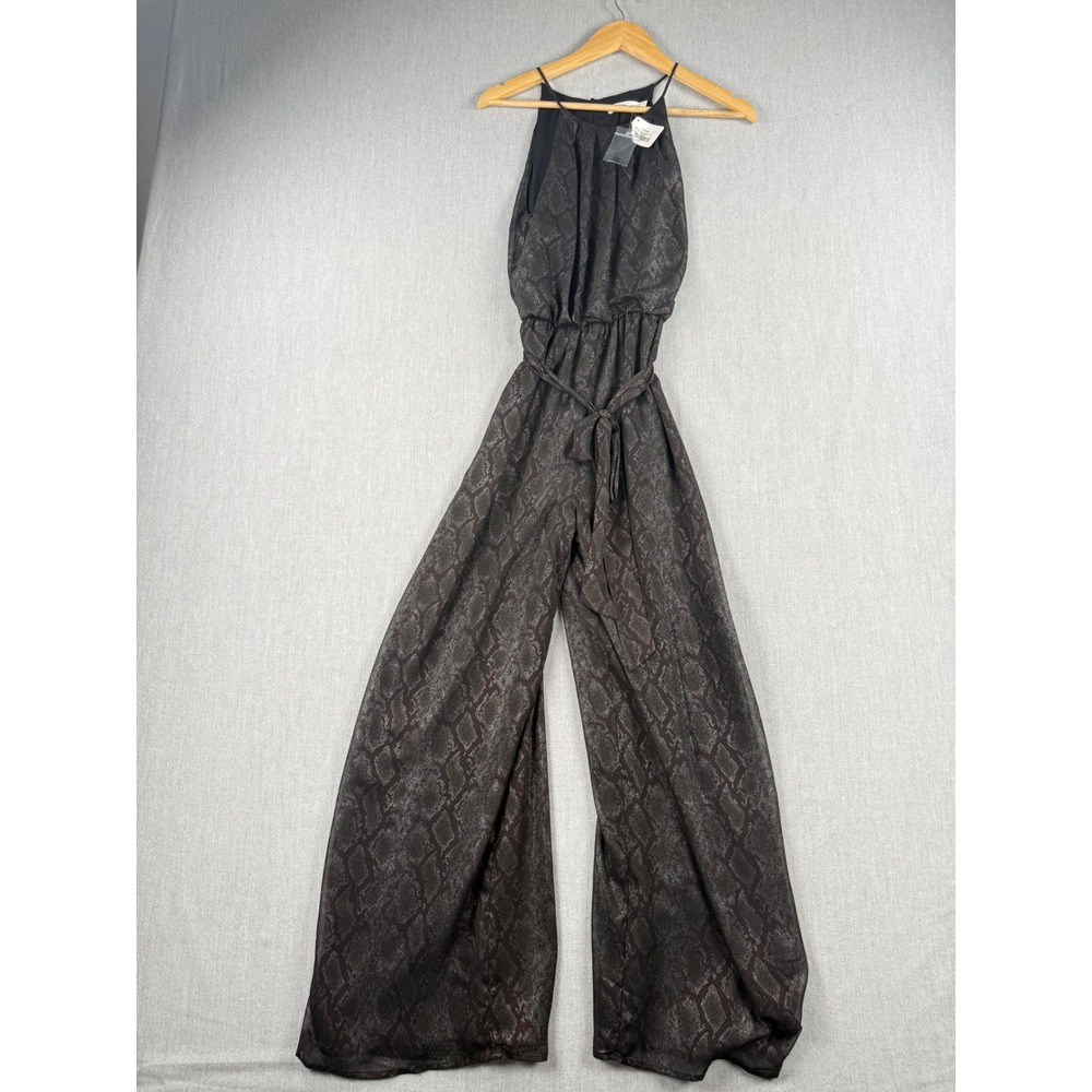 Lush Shimmer Snake Jumpsuit Womens Small Black Metallic Halter Wide‎ Leg NWT